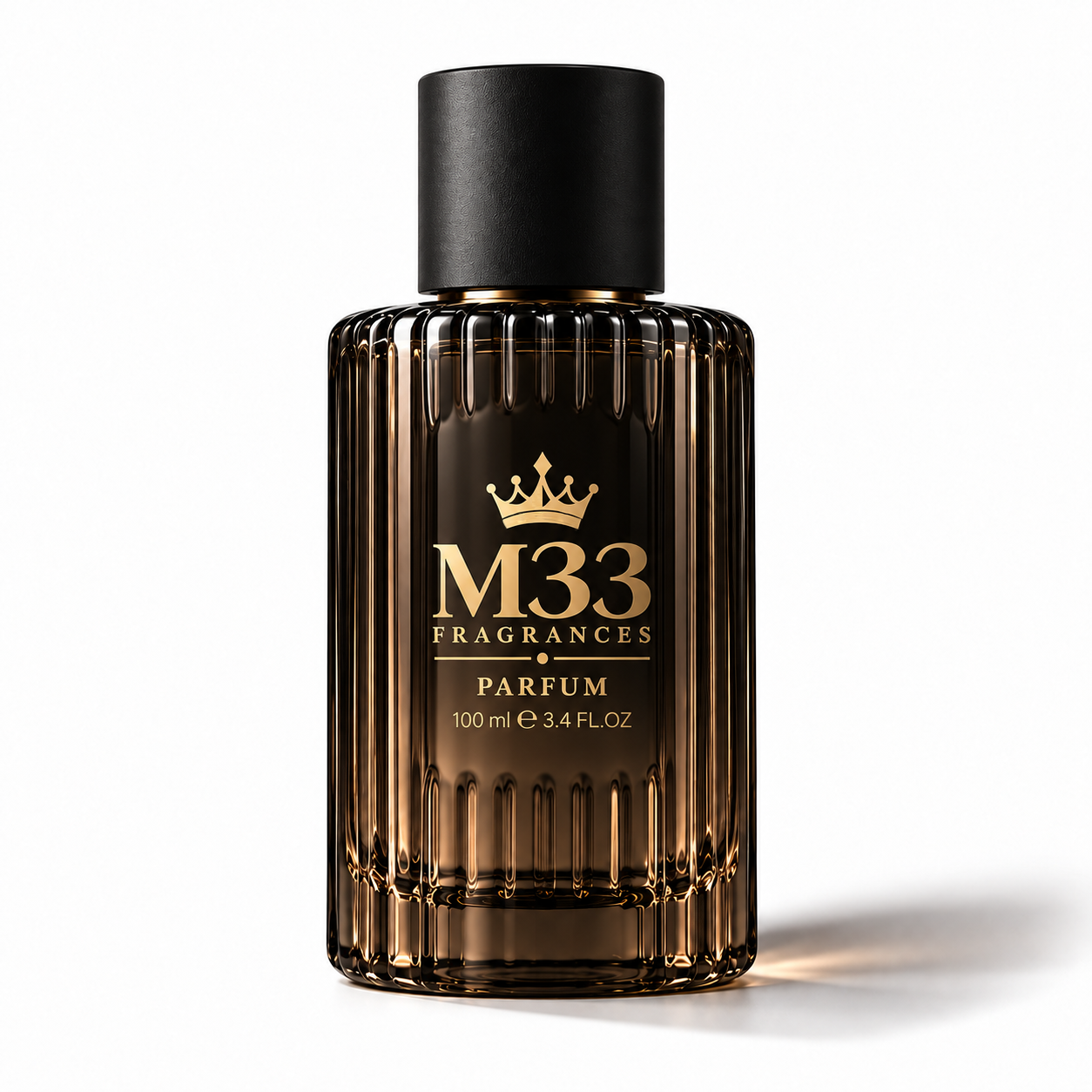 M33 100 mL bottle in ribbed dark glass with a black cap and gold crown.