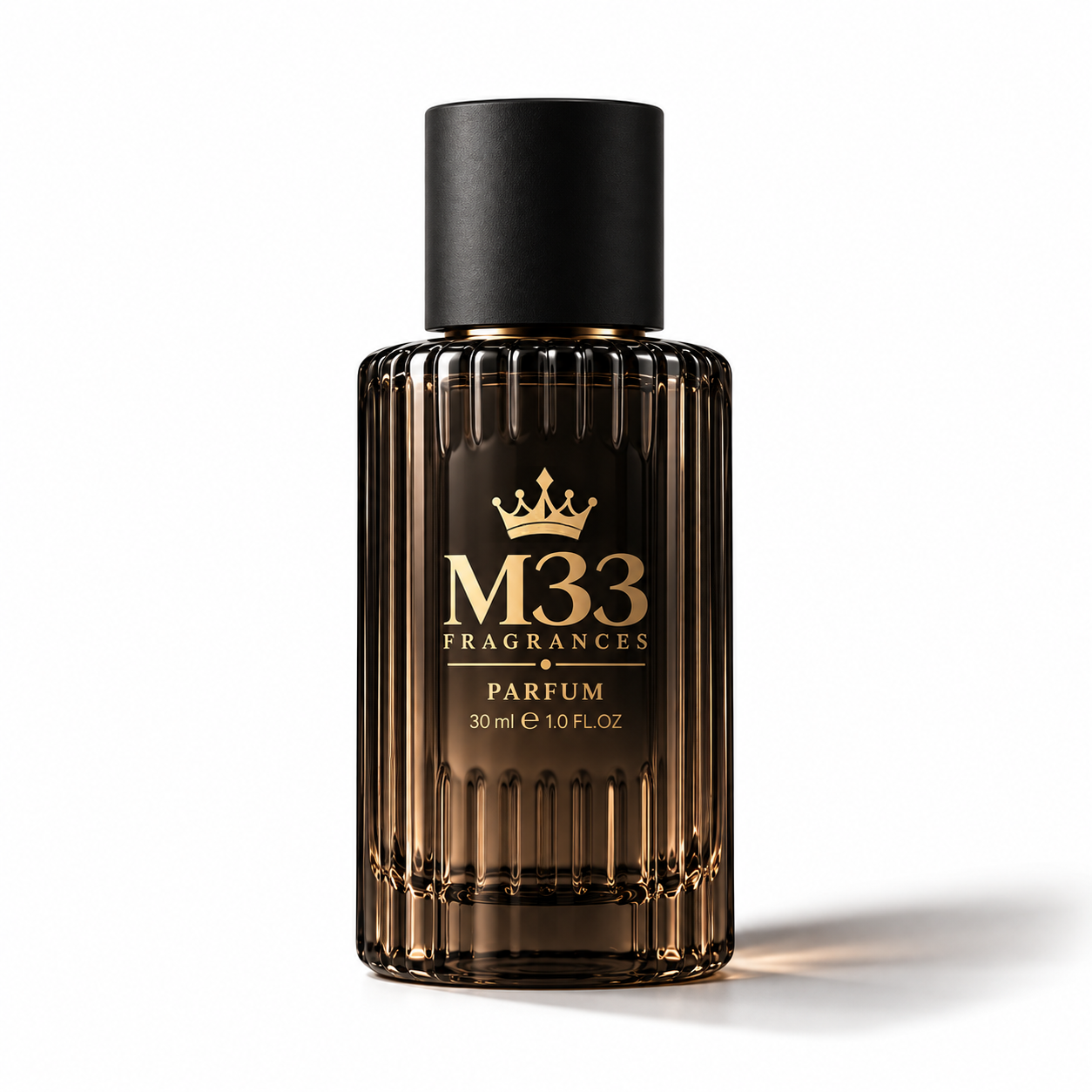 M33 30 mL Parfum in ribbed amber glass with a black cap and gold crown.