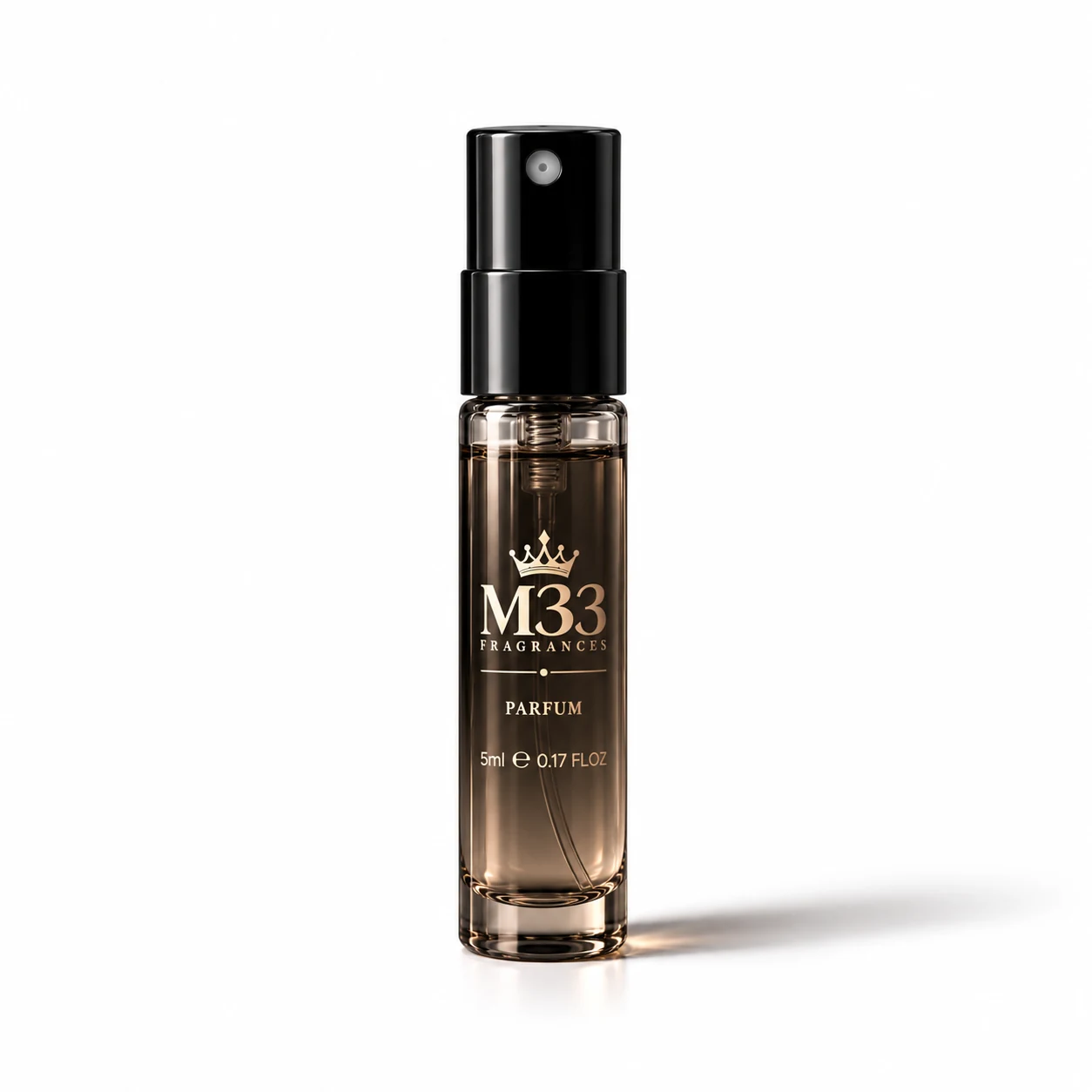 M33 5 mL travel spray with a black atomizer and gold crown.